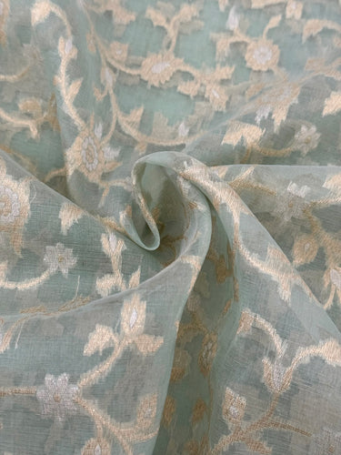 Silk Organza Saree | Light Sea Green | Gold & Silver Zari | Handwoven | Ships from California